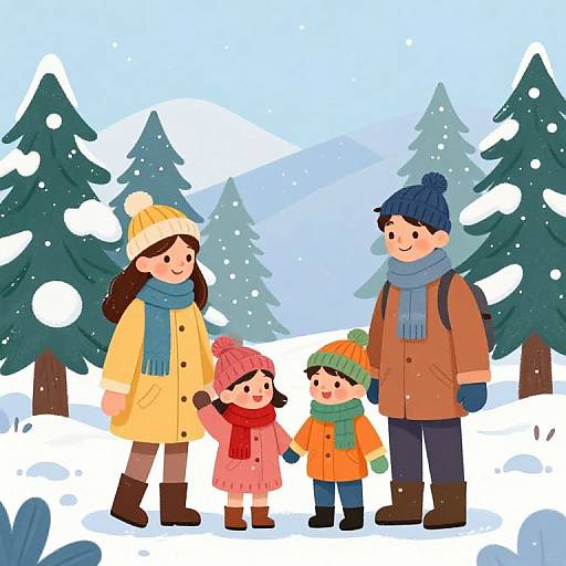 Cartoon-style family winter scene: four children and one adult in colorful winter clothes, standing in snowy forest with pine trees.