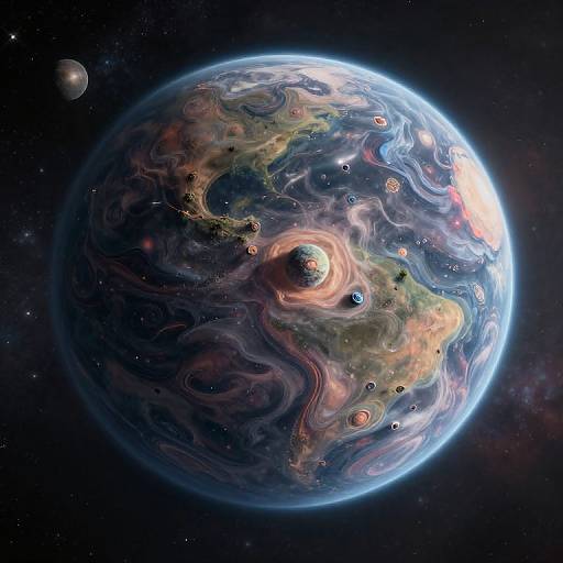 Digital artwork of a colorful, swirling planet with a prominent central ring system and smaller celestial bodies in a dark, starry space.