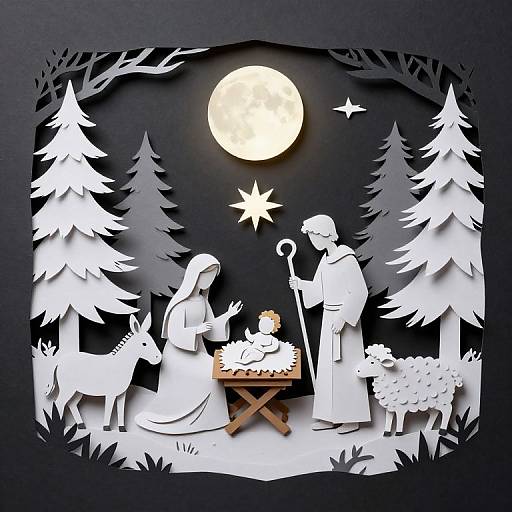 Paper Cut Nativity Scene with Moonlight