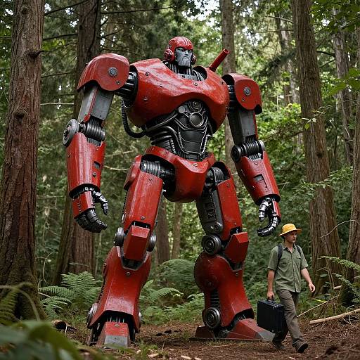 Photograph of a giant red and black robot standing in a lush forest, with a man in a green shirt and yellow hat walking beside it, carrying