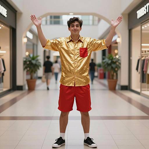 Young man in gold shirt and red shorts in mall