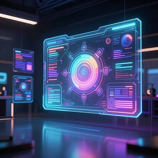 Neon-lit, futuristic digital interface with glowing blue and pink lines, central circular pattern, and holographic displays in a sleek, dark room.