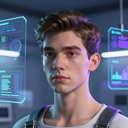 CGI portrait of a young man with short brown hair, blue eyes, and fair skin, wearing a white shirt, in a futuristic, blue-l