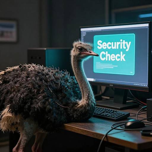 Photograph of an ostrich standing beside a computer monitor displaying 