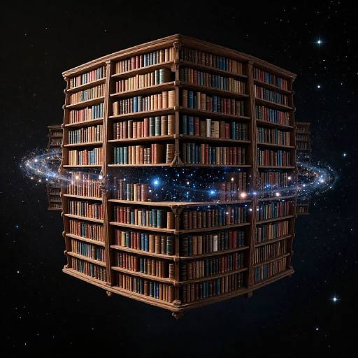 Floating cube of bookshelves in space, illuminated by glowing blue and white lights, surrounded by stars. Digital artwork.