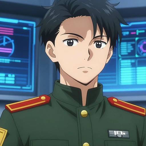 Anime-style digital drawing of a serious-looking young man with black hair, wearing a dark green military uniform with red epaulettes, in a futuristic