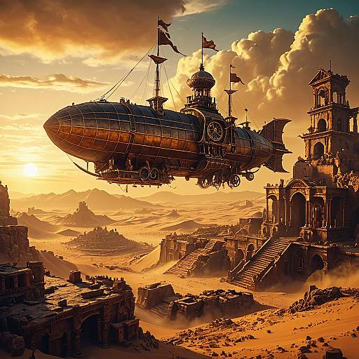 Steampunk Airship Over Ancient Desert Ruins