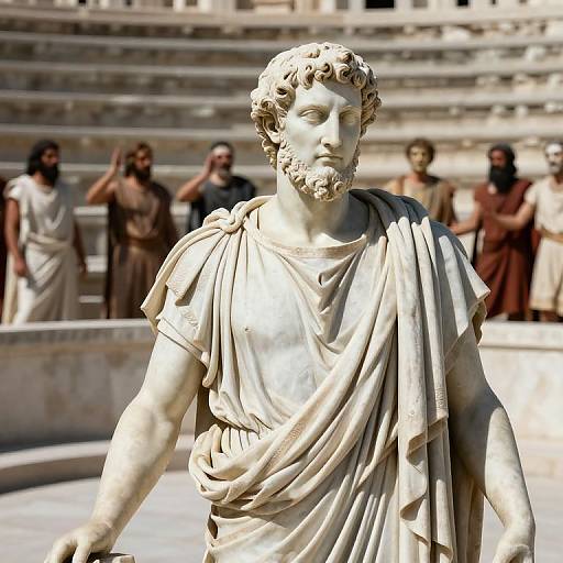 Photograph of a classical white marble statue of a bearded man in a draped toga, with blurred ancient-style figures in the background standing on stone