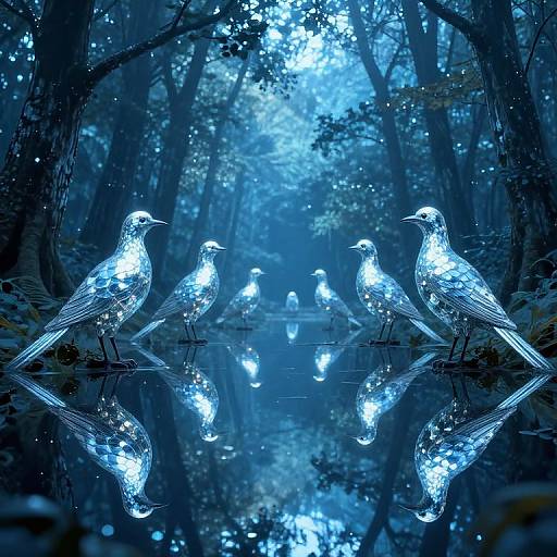 Digital artwork of glowing blue birds, illuminated and reflected in a serene forest pond, surrounded by dark, misty trees.