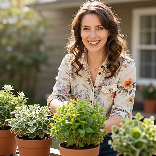 Photograph of a smiling, brown-haired woman with wavy hair, wearing a floral shirt, tending to potted green plants outdoors in sunlight.