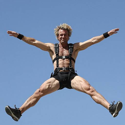 Energetic Mid-Air Jump of Muscular Man
