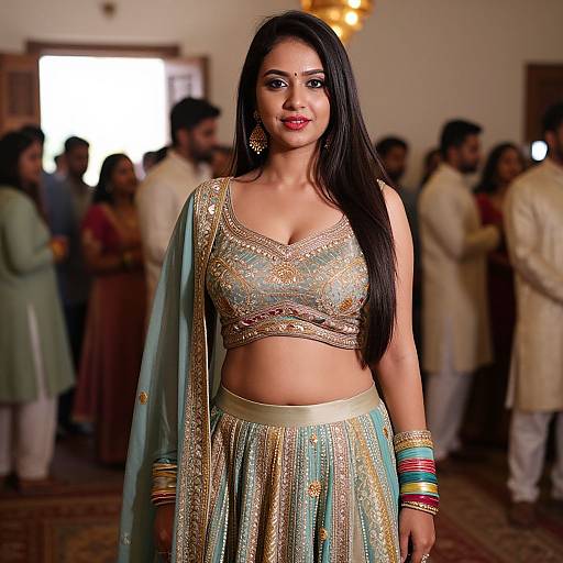 Photograph of an Indian woman with long black hair, wearing a turquoise and gold traditional lehenga-choli, red bangles, and a bindi