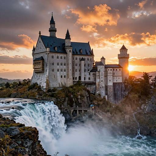 Hyperrealistic Castle Waterfall Sunset