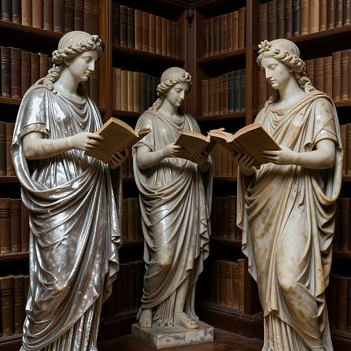 Photograph of three classical marble statues of robed women, standing in a library, reading books, surrounded by wooden bookshelves.