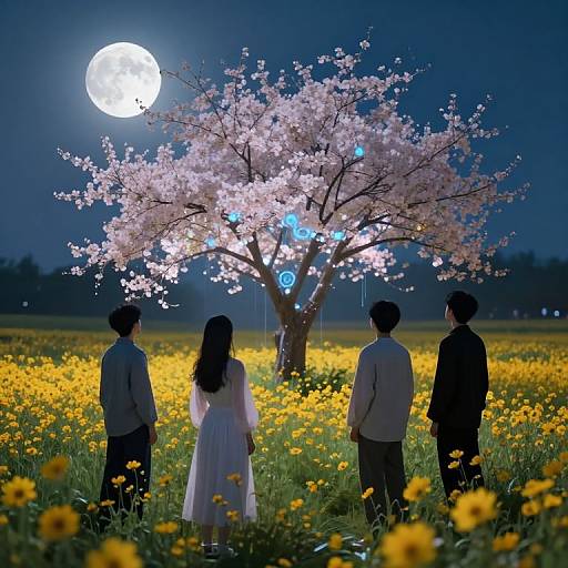 Photograph of four silhouetted people, two men and two women, standing in a moonlit field of yellow flowers, gazing at a
