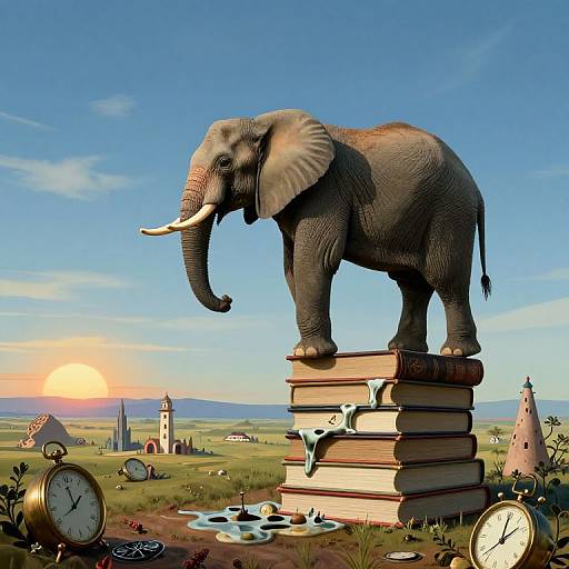 Digital illustration: A realistic elephant stands on a stack of books, under a blue sky, with a sunset, clocks, and whimsical towers in a
