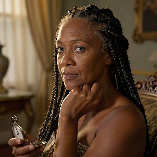 Photograph of a middle-aged Black woman with braided hair, holding a vintage phone, sitting in a warmly lit, elegant room.