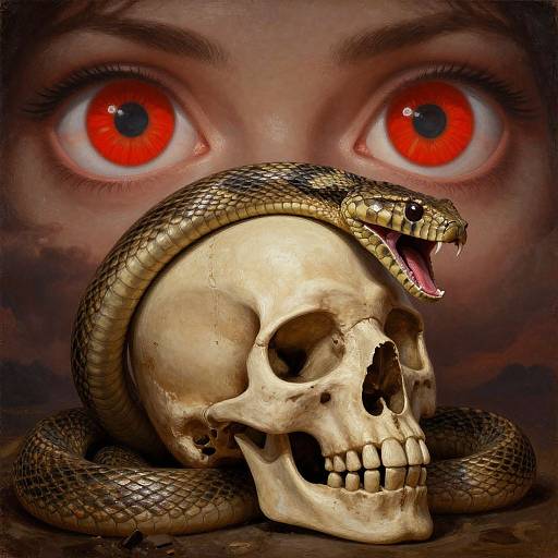 Photograph of a human face with intense red eyes, snakes coiled around a realistic human skull, blending horror and surrealism.