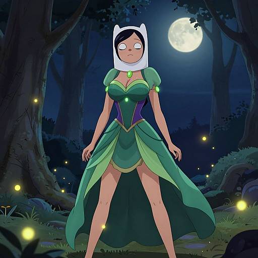 Digital anime-style drawing of a fairy princess with a green dress, white headpiece, and moonlit forest background with glowing fireflies.