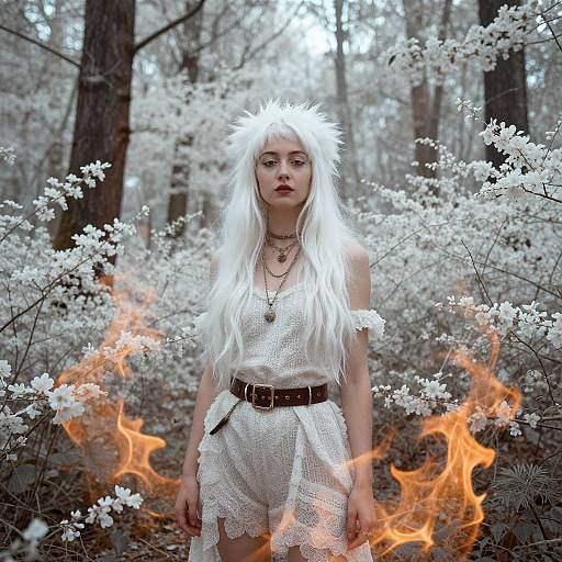Photograph of a pale-skinned woman with long white hair, wearing a white lace outfit and crown, surrounded by white flowers and orange flames in a