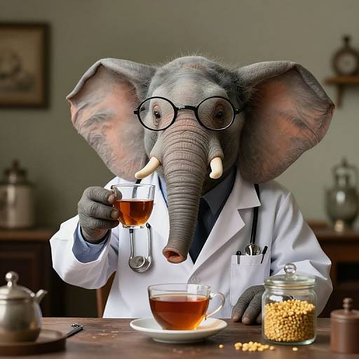 Photograph of an anthropomorphic elephant with glasses, white lab coat, holding a tea cup, sitting at a wooden desk with jars of tea and beads