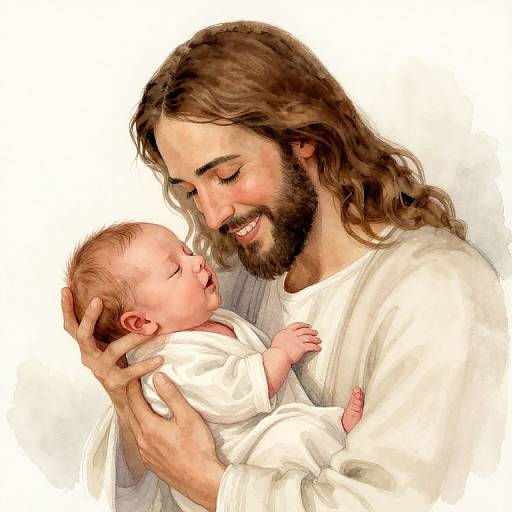 Digital painting of Jesus with long brown hair and beard, smiling, holding a sleeping baby in white clothing against a white background.