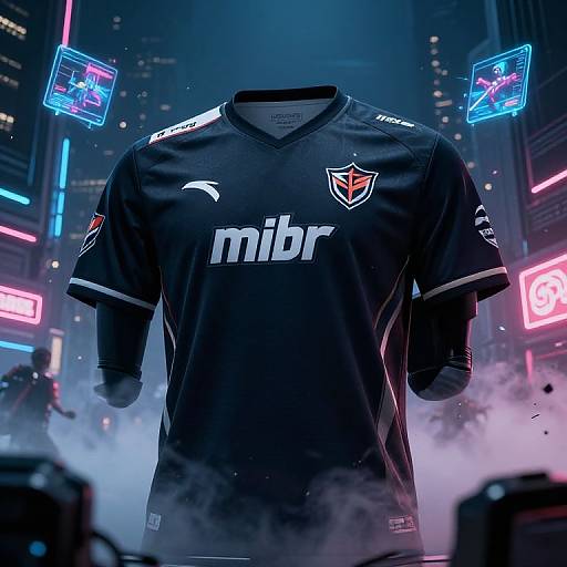Photorealistic CGI of a black Mitre-branded football jersey with neon cityscape and neon signs in background, surrounded by smoke.