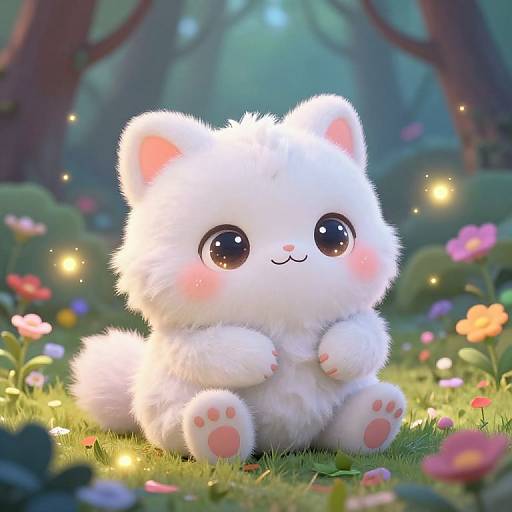 Cute digital illustration of a fluffy white kitten with large, shiny eyes, sitting in a colorful, enchanted forest with glowing fireflies.
