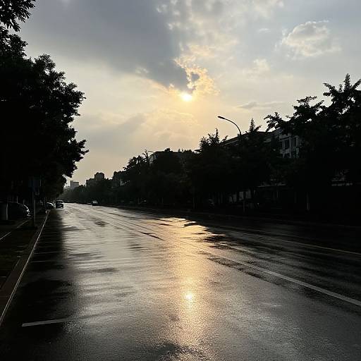 Golden Hour Rainy Street Reflections