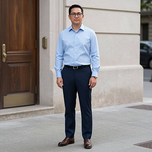 Photograph of an Asian man with short black hair, glasses, light blue shirt, black pants, brown belt, and brown shoes, standing in front