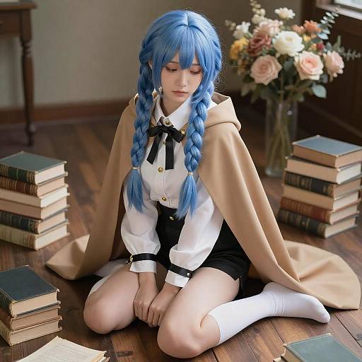 Serene Blue-Haired Woman in Vintage Setting