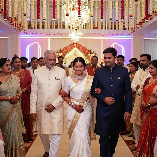 Photograph of a South Asian wedding ceremony: Bride in white sari, groom in navy suit, and father in white kurta walk down aisle adorned