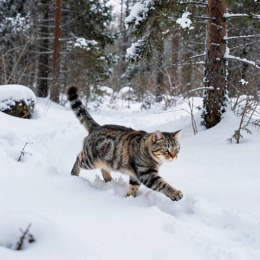 Photograph of a tabby cat with black stripes, white underbelly, and a bushy tail, prowling through a snow-covered forest,