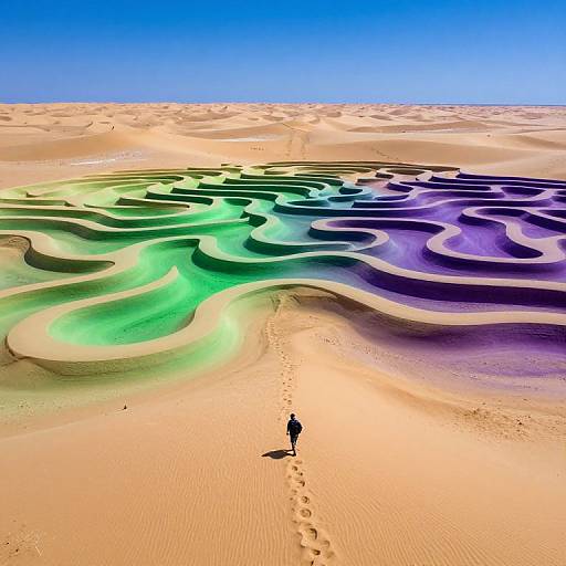 Photograph of a vast, colorful sand dune landscape with a lone figure walking, leaving footprints. Vibrant green, purple, and blue hues