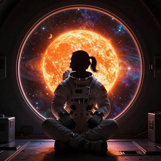 Silhouetted astronaut with pigtails sits cross-legged in front of a vivid, glowing orange sun in a cosmic space scene. Digital artwork.