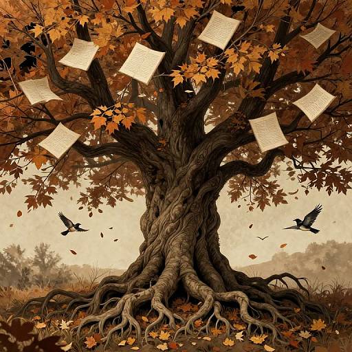 Digital artwork of a gnarled, autumn-colored tree with orange leaves, floating papers, and two blackbirds, set against a foggy, forest