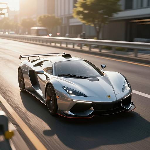 Photograph of a sleek, silver Ferrari 488 GTB speeding on a sunlit urban street, with trees and buildings in the background.