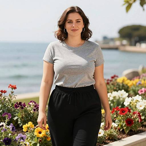 Curvy Woman in Vibrant Waterfront Garden