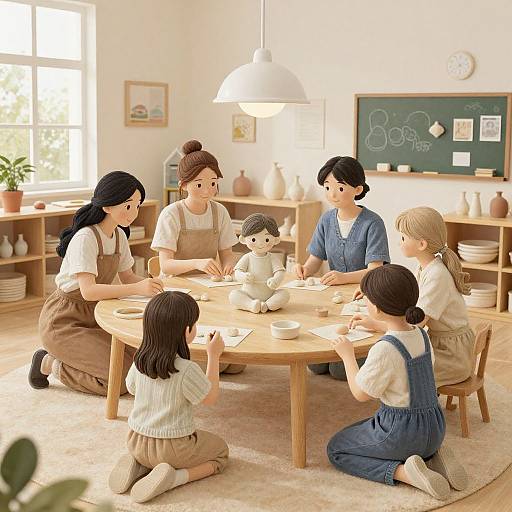 Digital illustration of six women and a baby in a bright, sunlit classroom-style room, seated around a wooden table, crafting with clay.