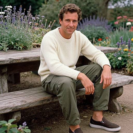 Photograph of a middle-aged man with curly brown hair, wearing a cream sweater, olive pants, and black slip-on shoes, sitting on a wooden