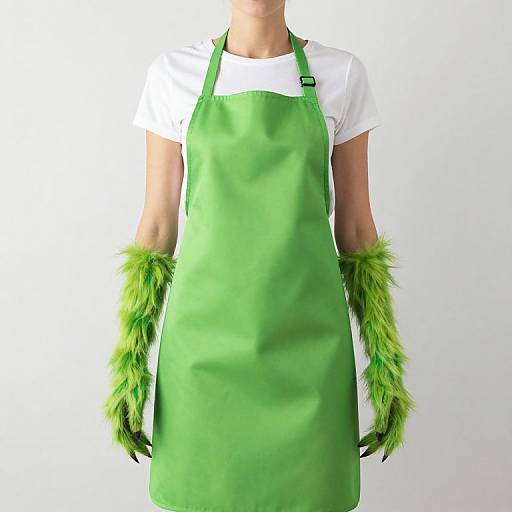 Photograph of a person wearing a green apron, white shirt, and green feathered wrist cuffs, against a plain white background.
