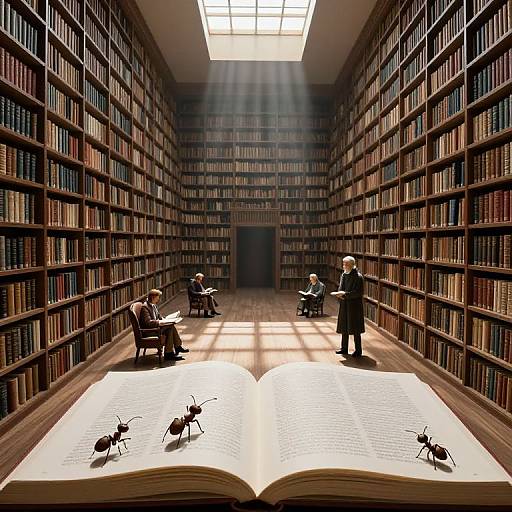 Photograph-style digital art of a grand library with four people reading on oversized open book, surrounded by towering bookshelves, under soft sunlight. Ant