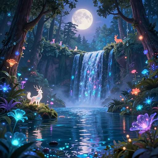 Digital fantasy artwork of a luminous forest moonlit scene, featuring a waterfall, glowing butterflies, a white deer, and vibrant flowers around a reflective pool