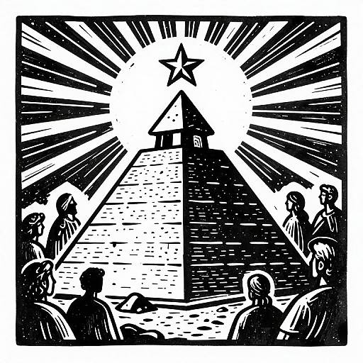 Black and white woodcut-style illustration of a star-emblazoned building with radiating lines, surrounded by seated and standing figures.