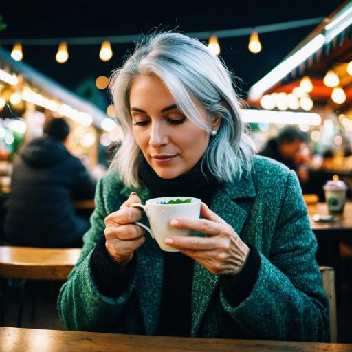 Silver-Haired Woman Drinking Mint Tea at Neon-Lit Market