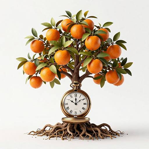 Photograph of a whimsical orange tree with vibrant oranges, green leaves, and a clock for a trunk, rooted on a white background.