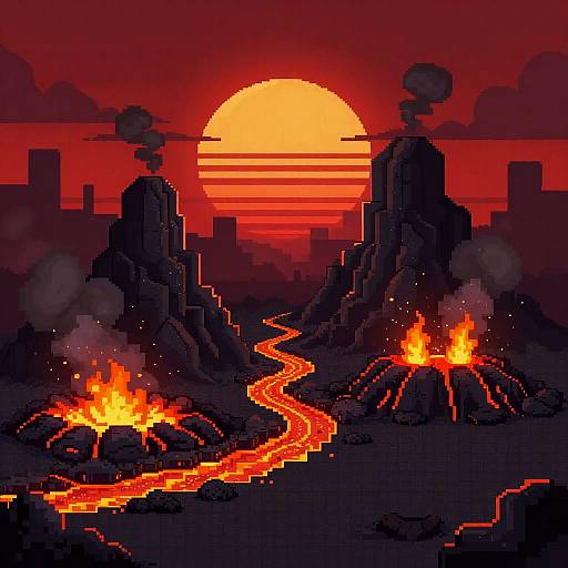 Pixel Art Volcanic Island Scene