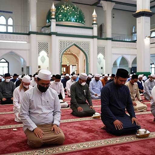 Photograph of diverse male Muslims in white and dark prayer caps, kneeling on red carpet in ornate mosque, performing prayers.