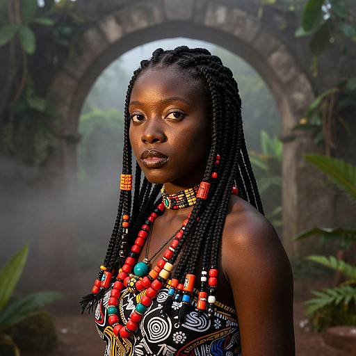 Photograph of a dark-skinned woman with long braids, colorful bead necklaces, and patterned top, standing in front of a misty