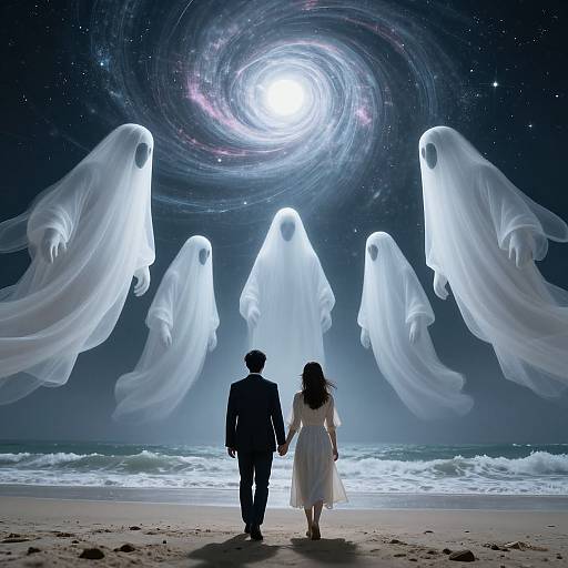 Photograph-like digital art: Silhouetted couple walks on beach, facing ethereal glowing white ghosts and swirling galaxy in dark, starry sky
